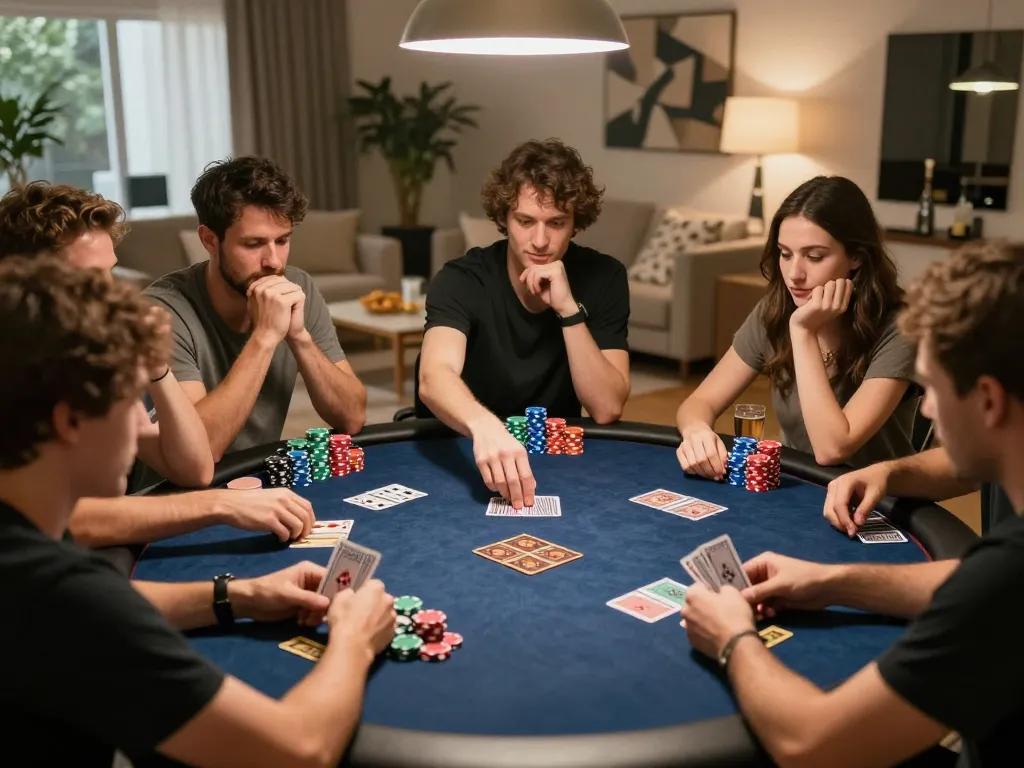 Players enjoying a friendly poker game at home while strategizing with 8kbetbh