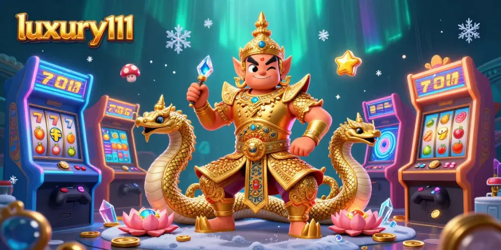 Experience luxury111 in this vibrant 3D illustration of a winning jackpot scene with Thai guardians.