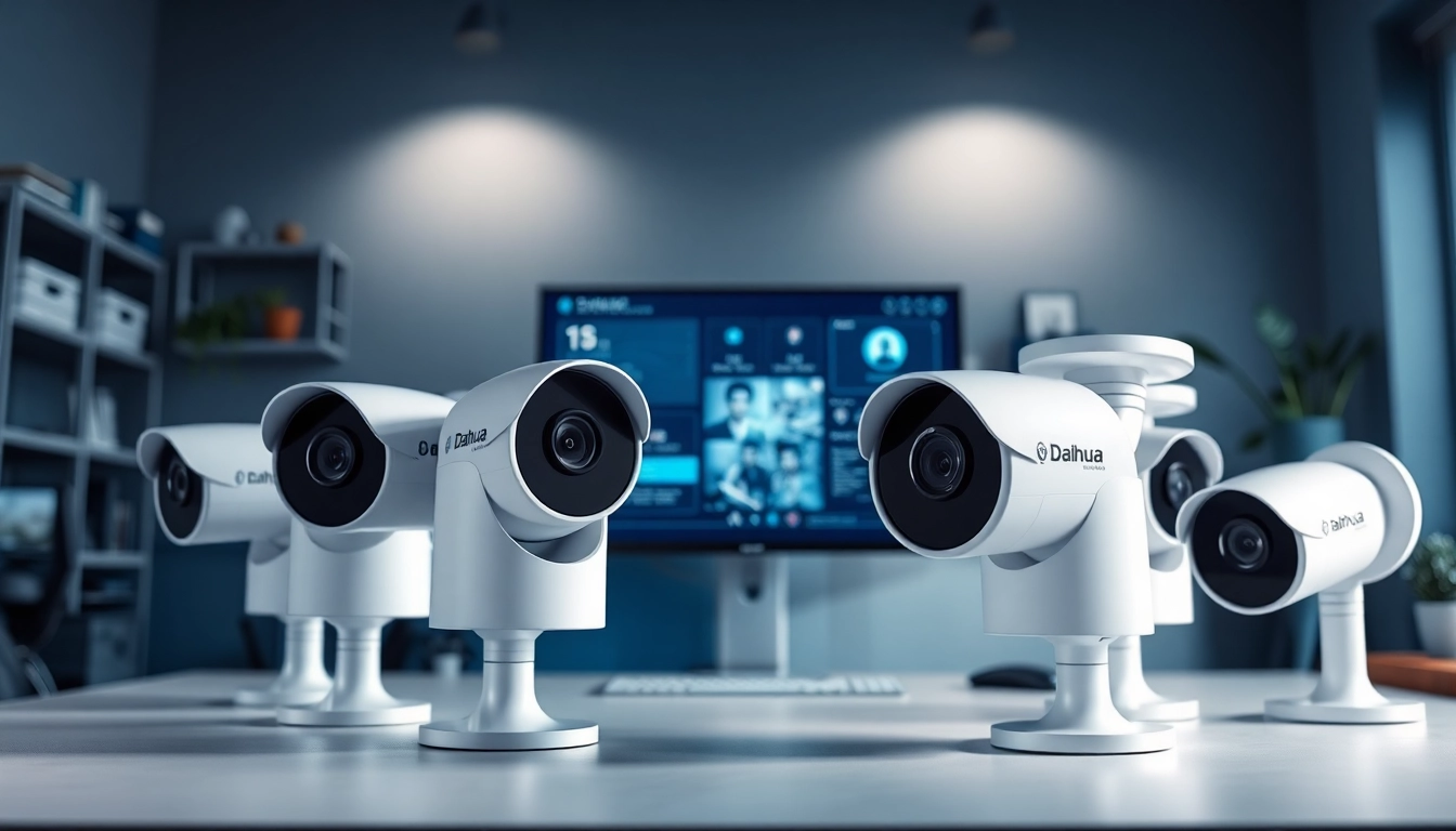 Cámaras Dahua exhibidas en una configuración de seguridad de oficina en casa moderna, destacando tecnología y diseño avanzados.