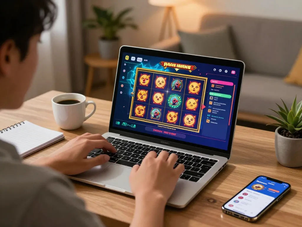 Playing slot gacor siang ini online at home, showcasing strategy and excitement in a cozy setting