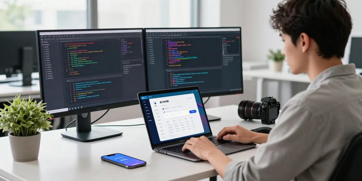 Developer working on the 纸飞机中文版 app in a bright modern workspace with coding screens.