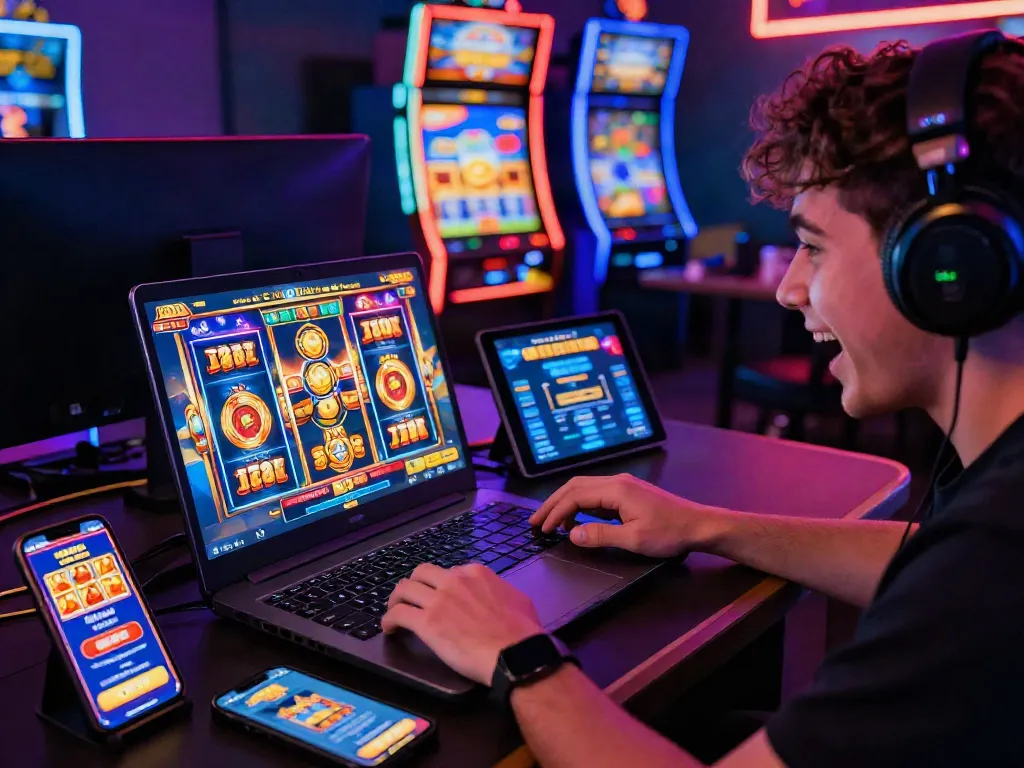 Pengalaman bermain slot zeus online dengan pemain bersemangat menggunakan laptop dan perangkat mobile di ruangan bercahaya neon.