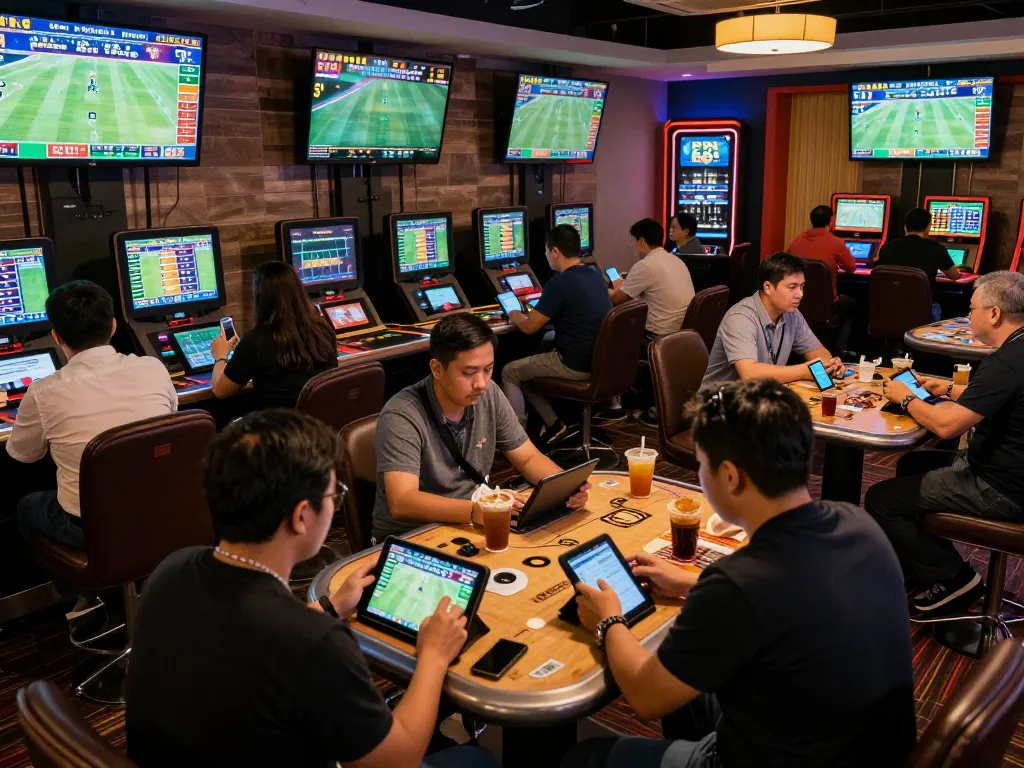 Kèo nhà cái 5 displayed prominently on screens in an energetic sports betting scene with engaged bettors analyzing odds