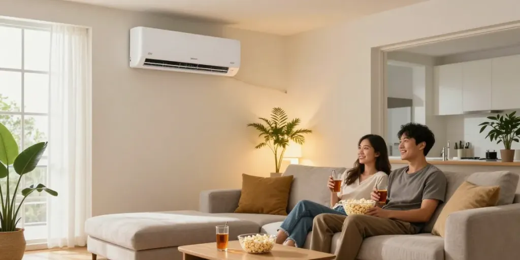 Couple enjoying movie night with 24k btu mini split air conditioning.