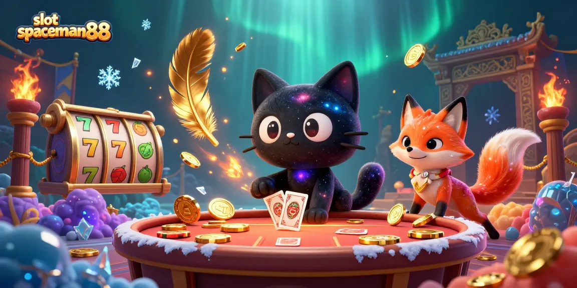 Experience the thrill of slot spaceman88 with a cosmic cat and fox amidst vibrant casino elements.