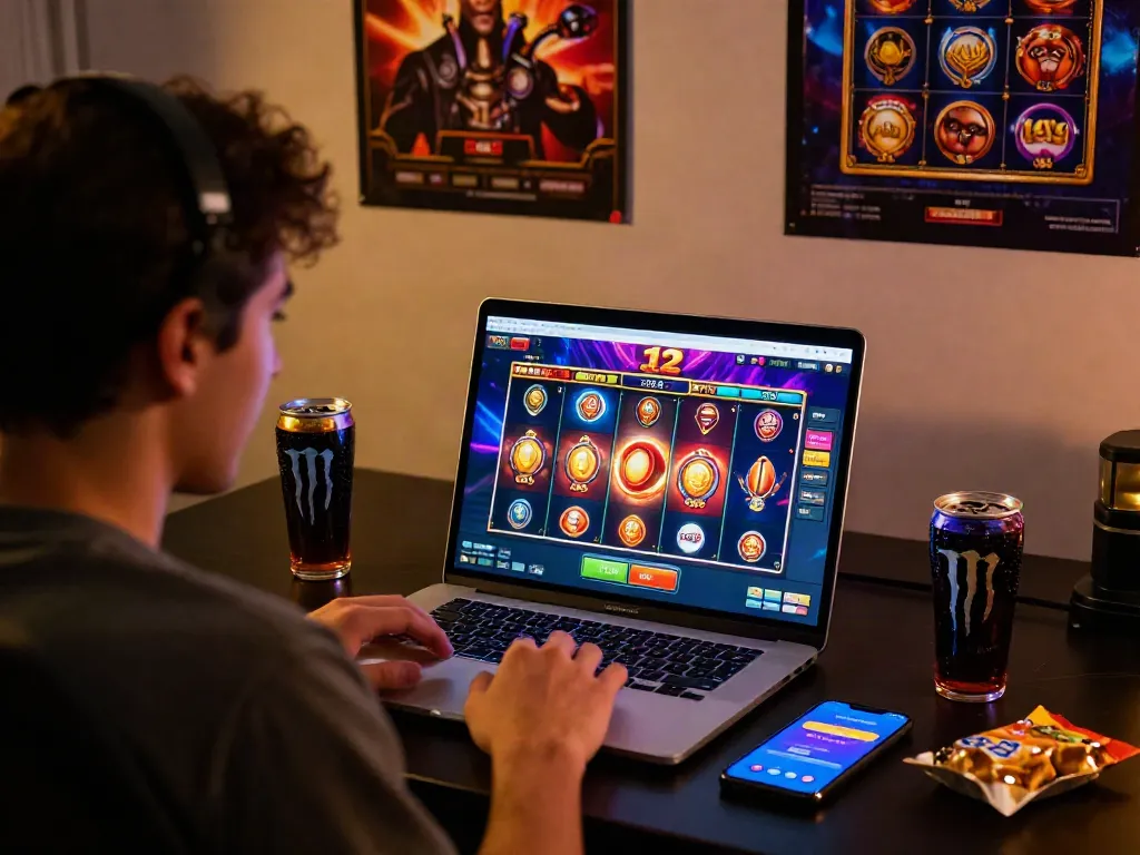 Player enjoying a thrilling moment on luxury12 slot game with vibrant graphics and snacks nearby.