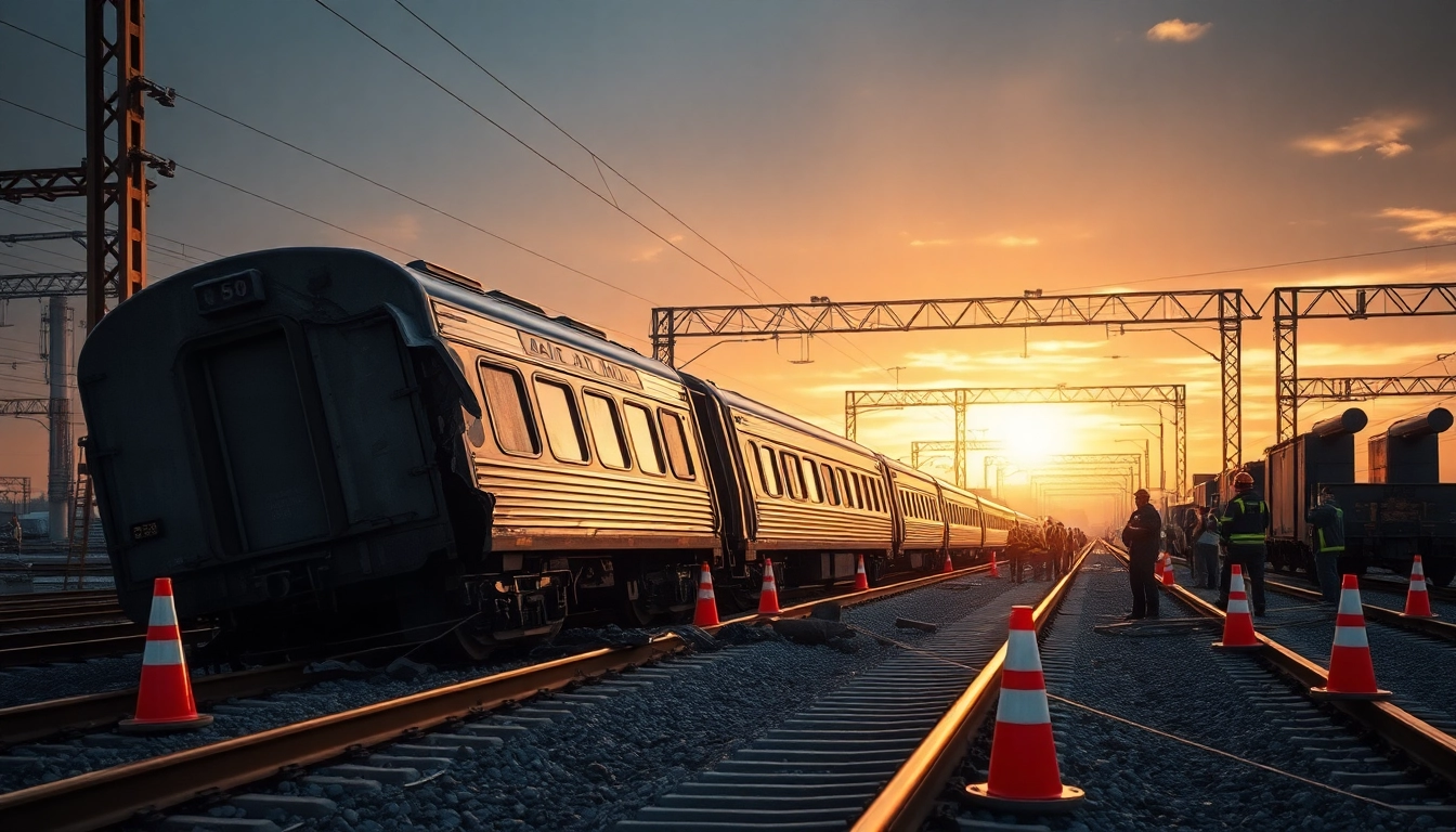 Derailment incident showing a train off tracks with emergency responders assessing damage.