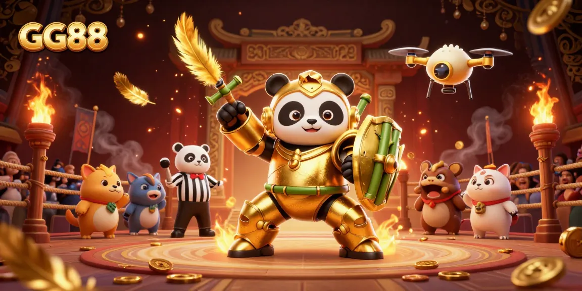 Experience the excitement of GG88 as a golden panda battles in an animated casino arena.