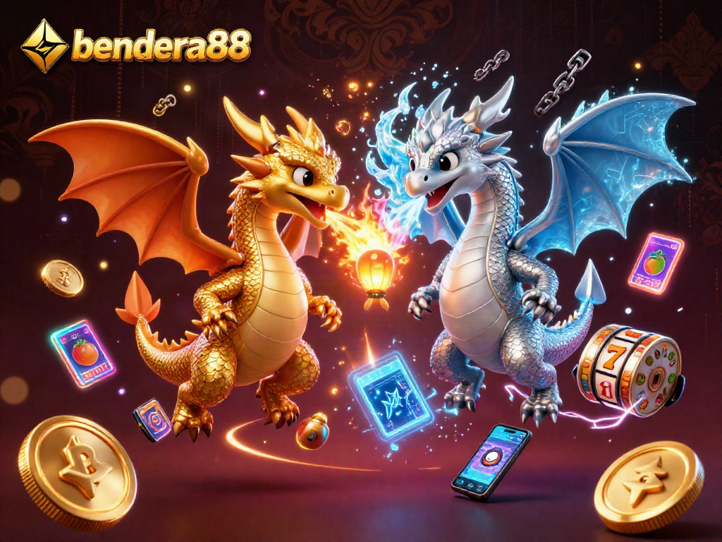 Gambarkan momen emosi bendera88 saat bermain slot dengan karakter naga ganda.