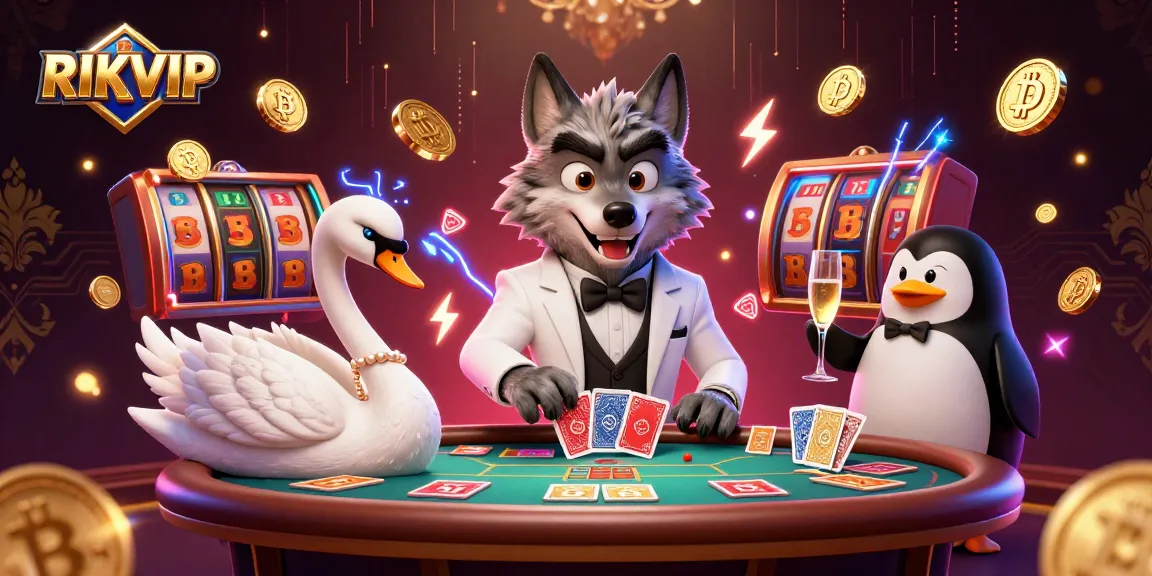 Experience RIKVIP gaming with a sophisticated wolf and elegant swan at a baccarat table.