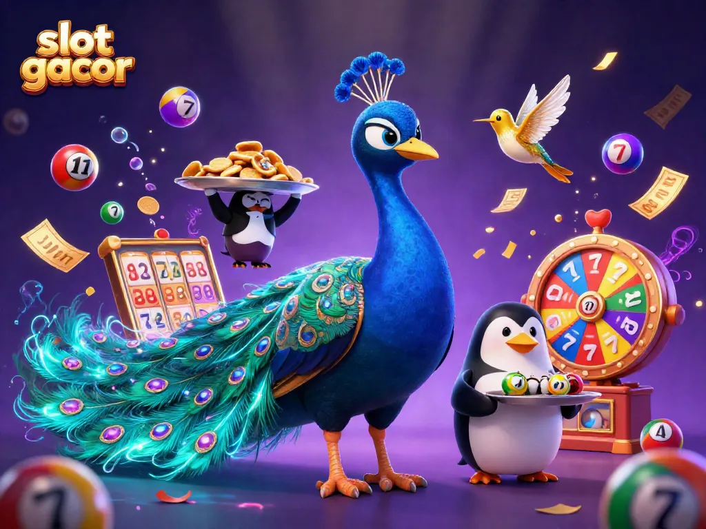 Slot gacor menghadirkan ilustrasi kasino dengan peacock dan drama permainan yang dinamis.