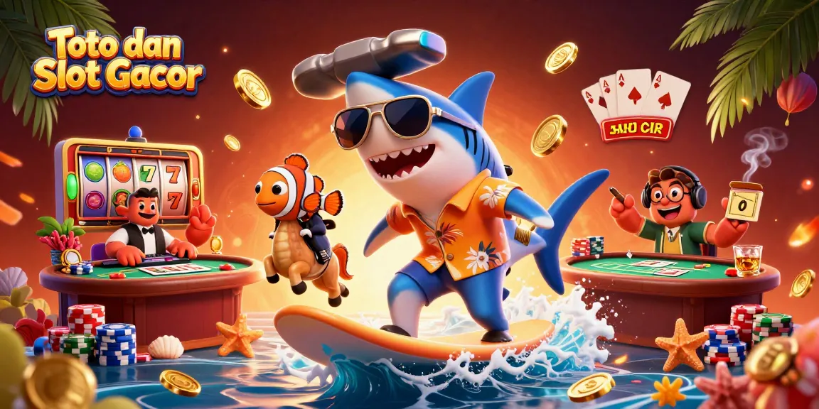 Toto dan Slot Gacor showcases a playful 3D scene with cartoon characters, slot reels, and poker elements.