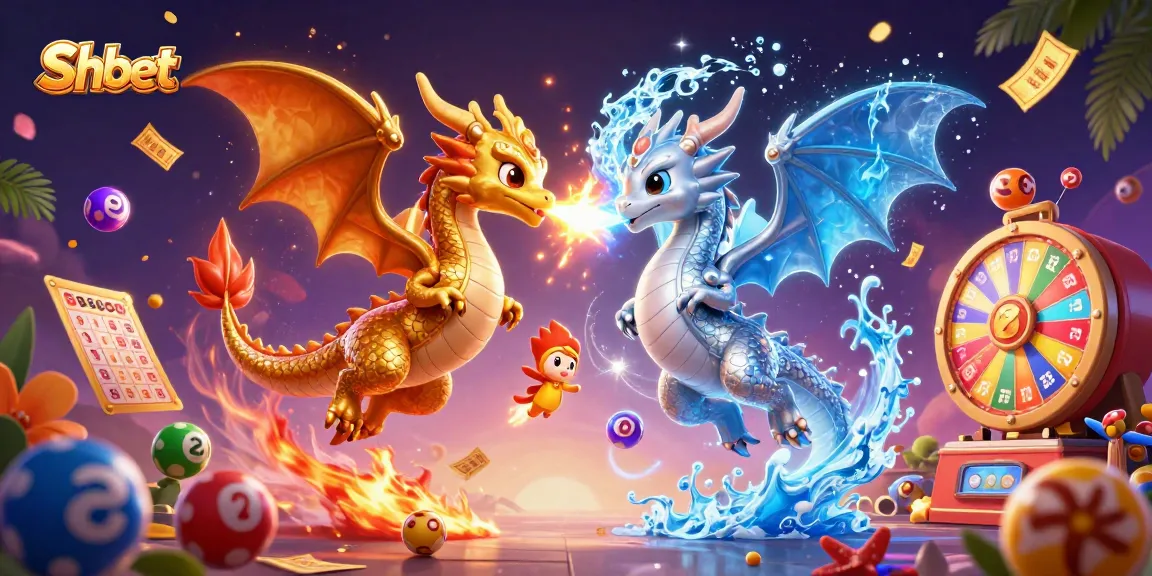 Shbet showcases an exciting lottery environment with vibrant dragons, bouncing lottery balls, and a dynamic prize wheel.