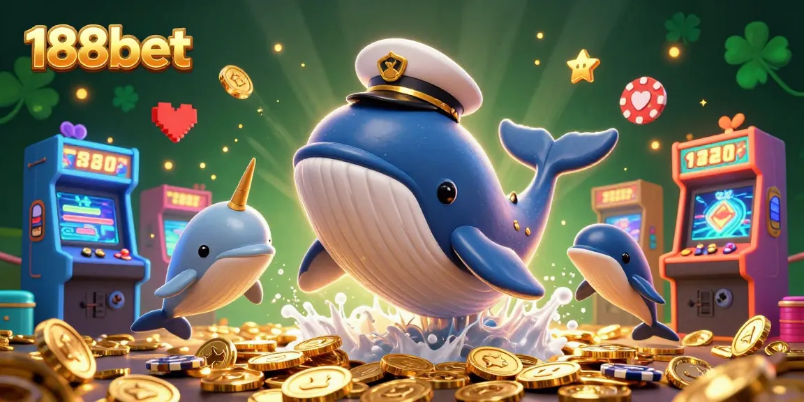 Engage with thrilling 188bet casino games featuring a whale and dolphin action in a vibrant sea of coins.
