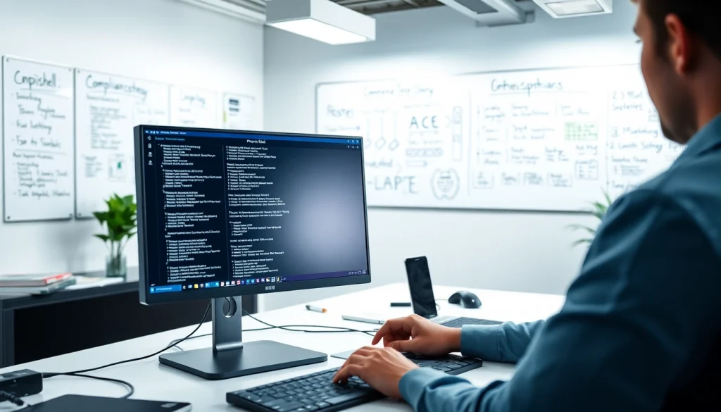 Implement PowerShell automation for IT compliance with a technician working on a computer in a modern office.