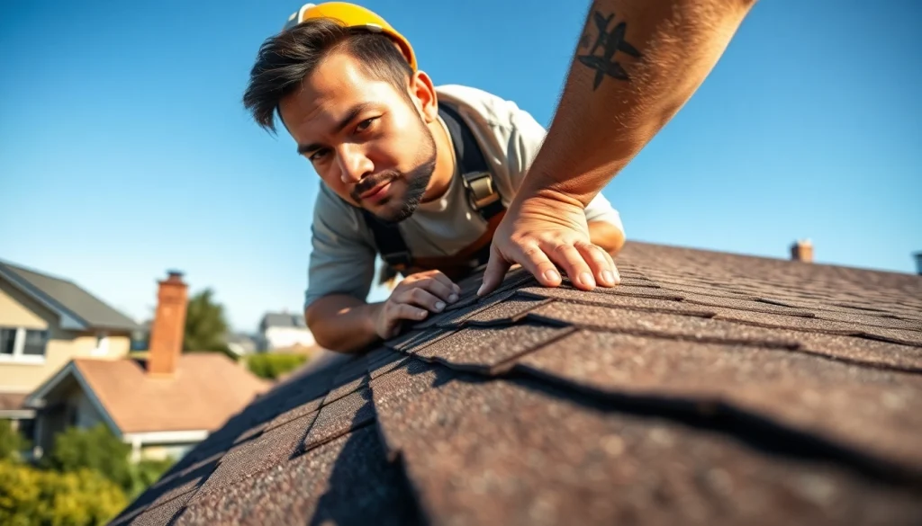 Showcasing Professional roofing services with a roofer installing shingles on a sunny day.