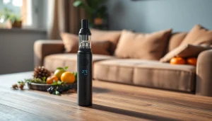 Vozol Vape-Gerät auf einem stilvollen Tisch mit fruchtigen Aromen im Hintergrund.
