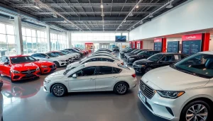 Buy a car showcased in a modern dealership environment highlighting elegant vehicles.