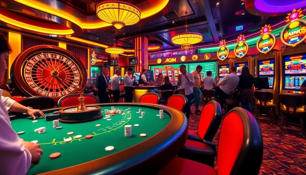 Experience the thrill of mm 88 at a bustling casino featuring poker games, roulette wheels, and slot machines.