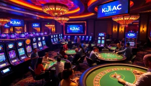 A thrilling casino ambiance featuring KJC AC, showcasing game tables, slot machines, and poker chips.