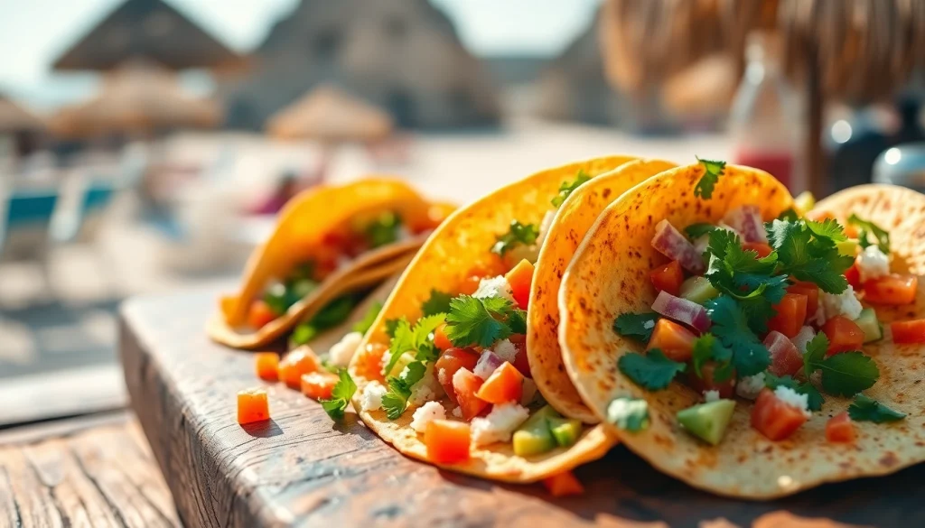 Indulge in the best tacos in Cabo with vibrant toppings on a rustic table.