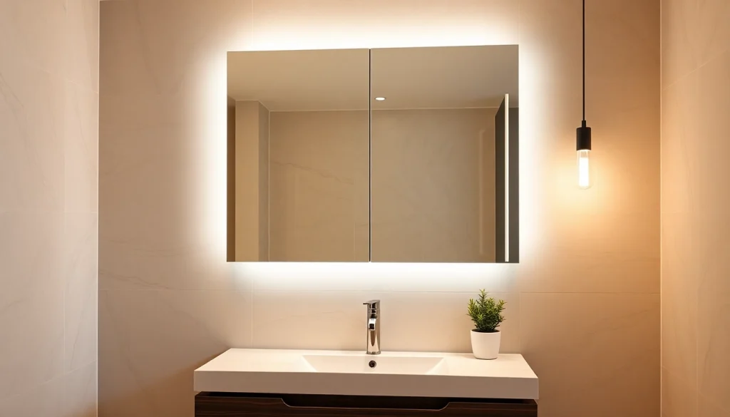 Spiegelschrank mit LED Beleuchtung im modernen Badezimmer, elegant platziert mit integriertem Licht.