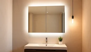 Spiegelschrank mit LED Beleuchtung im modernen Badezimmer, elegant platziert mit integriertem Licht.