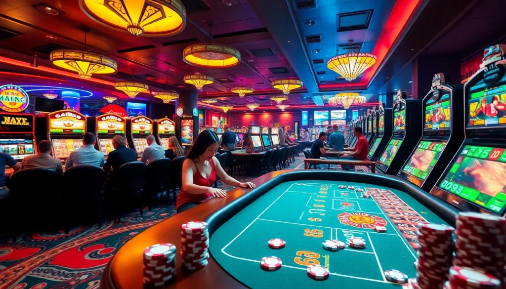 Vibrant casino scene showcasing KJC AC's gaming environment with players at tables, slot machines, and poker chips.