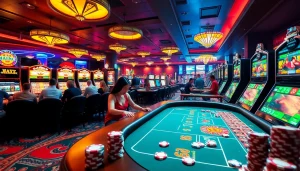 Vibrant casino scene showcasing KJC AC's gaming environment with players at tables, slot machines, and poker chips.