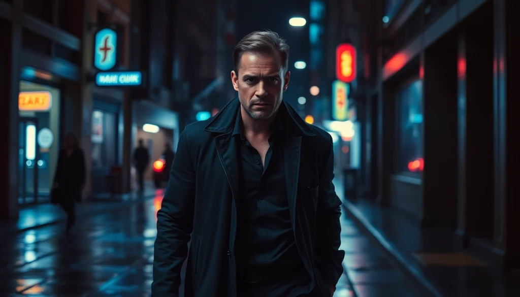 Detective in a suspenseful setting reminiscent of thrills like Reacher.