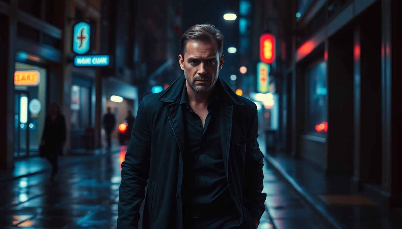Detective in a suspenseful setting reminiscent of thrills like Reacher.
