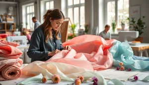 Mousseline stoffen in een kleurrijke, creatieve studio met naaiaccessoires.