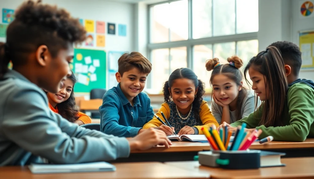 Students enjoying education in a vibrant classroom, showcasing teamwork and creativity.