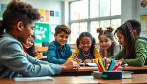 Students enjoying education in a vibrant classroom, showcasing teamwork and creativity.