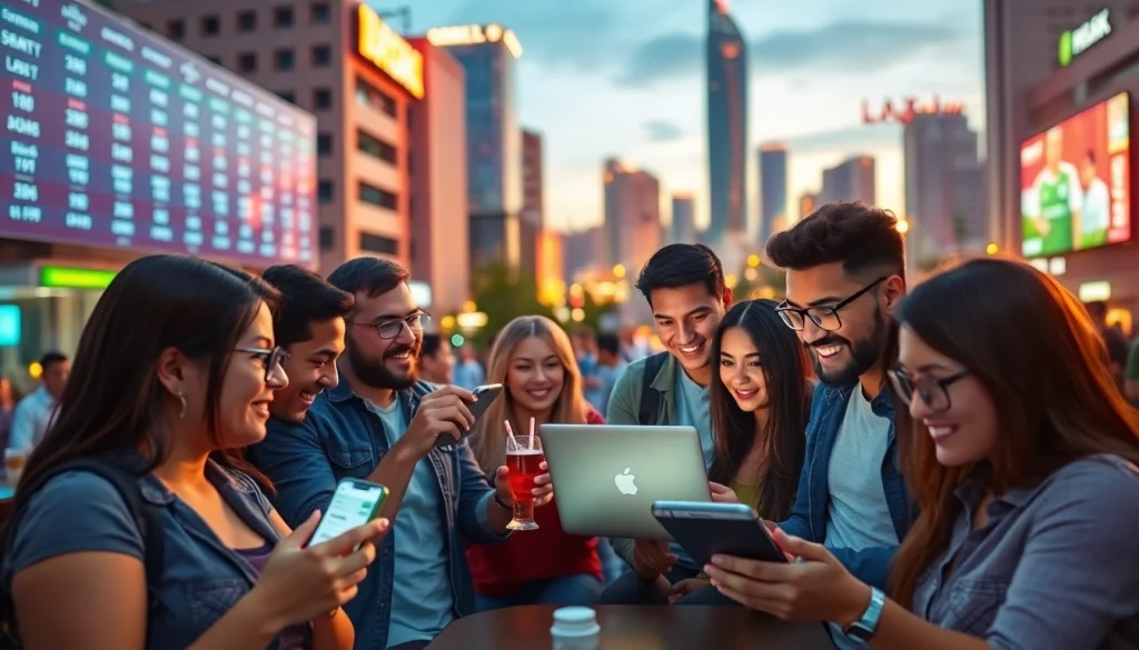 People celebrate their successes using the best sports betting sites Brazil in a lively urban setting.