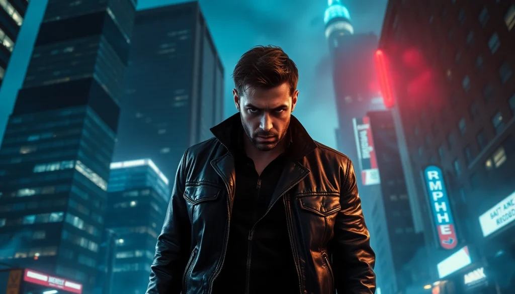 Action-packed scene with a hero reminiscent of characters like Reacher, exploring a mysterious urban landscape.