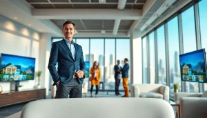 Showcasing real estate agent in a modern office with vibrant listings, emphasizing professionalism and engagement.