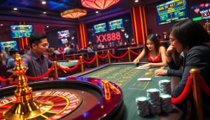Experience the thrill of Nhà cái XX88 with players at a poker table amidst vibrant casino excitement.