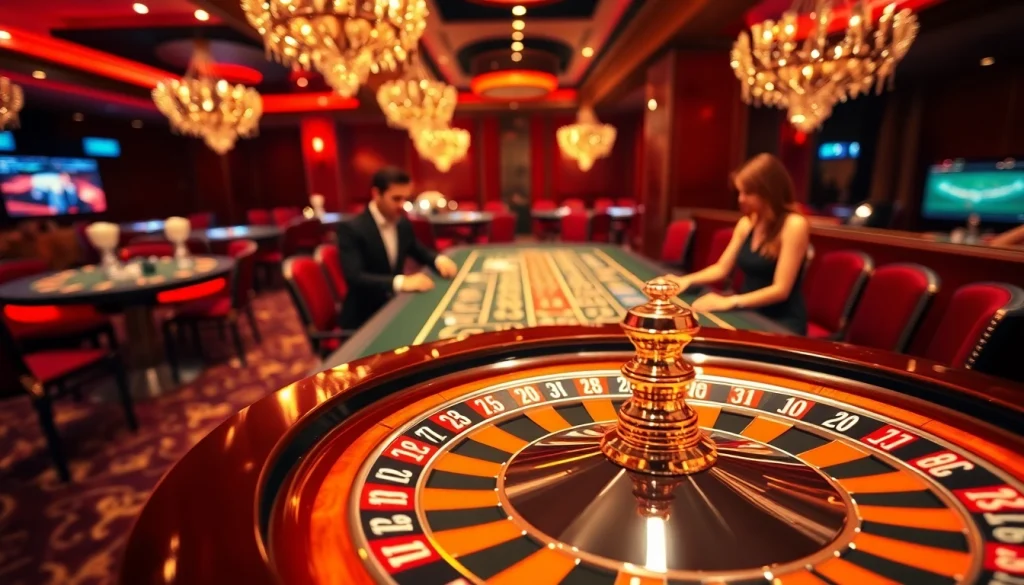 Experience the excitement of gambling at 789 BET with players at the blackjack table and a captivating roulette wheel.