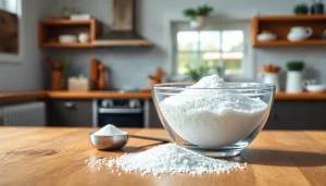 Découvrez l'édulcorant en vrac, présenté avec des cristaux d'érythritol sur une table en bois.