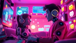 Interactive scene of sex chat ai avatars in a colorful, playful digital environment.