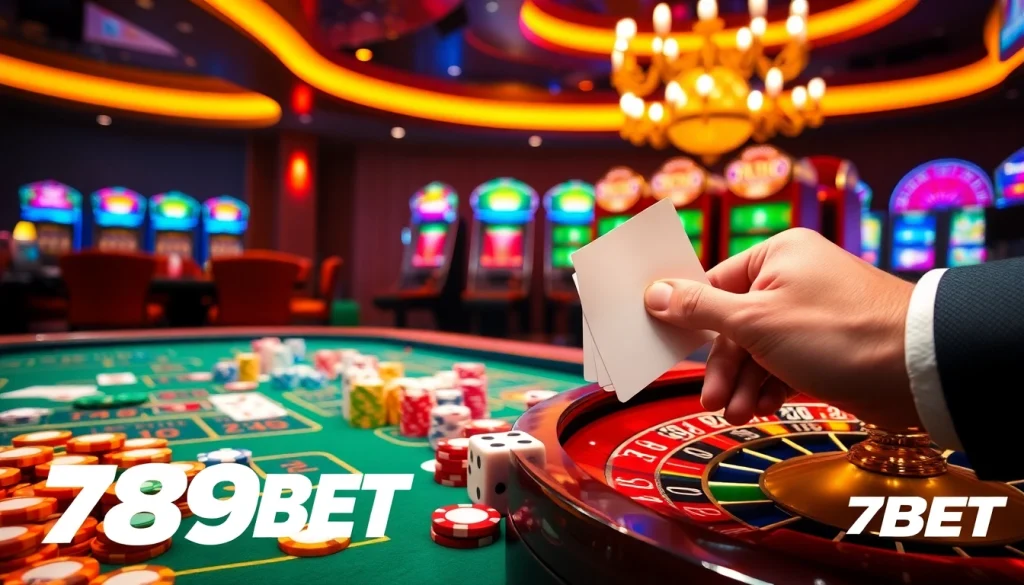 Place bets at a lively 789BET casino with poker chips, cards, and a roulette wheel.