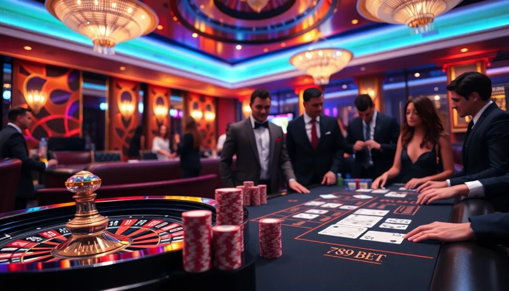 Experience the excitement of 789 BET with a vibrant casino scene showcasing roulette and poker tables.