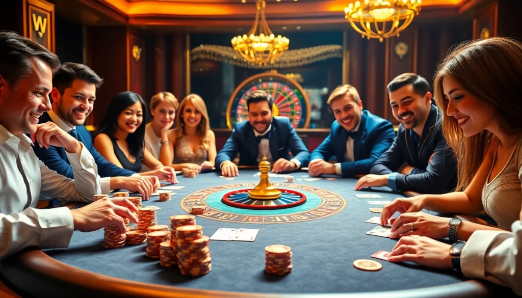 Experience the thrill of the W88 link at an elegant poker table surrounded by excited players.