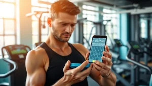 Calculate your body fat percentage calculator with an athletic trainer using a digital tool in a gym.