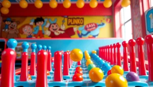 Permainan demo plinko yang seru dengan bola meluncur melalui pin berwarna-warni.