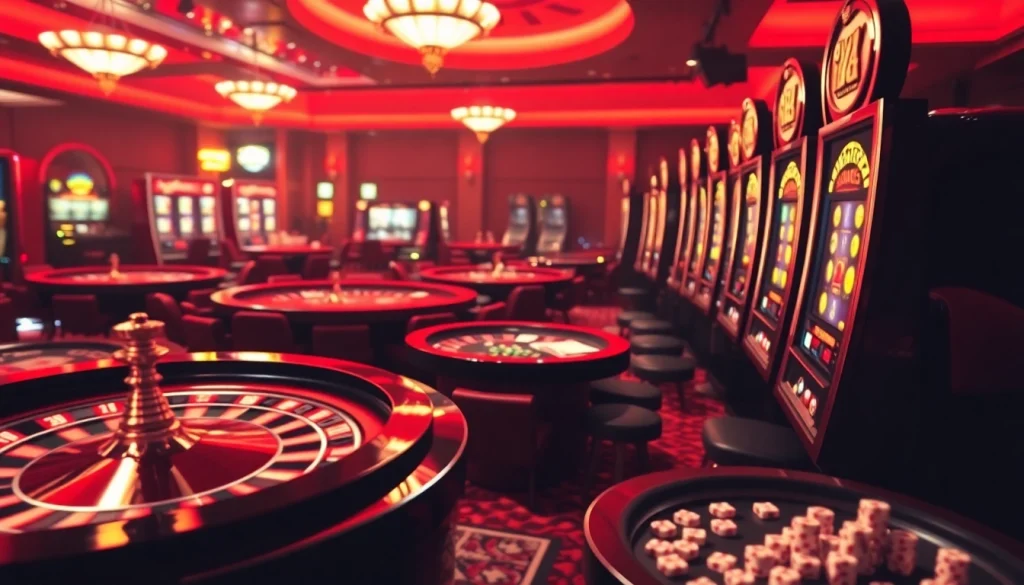 Experience excitement with 'ink vao 12bet' in a vibrant online casino setting featuring tables and games.