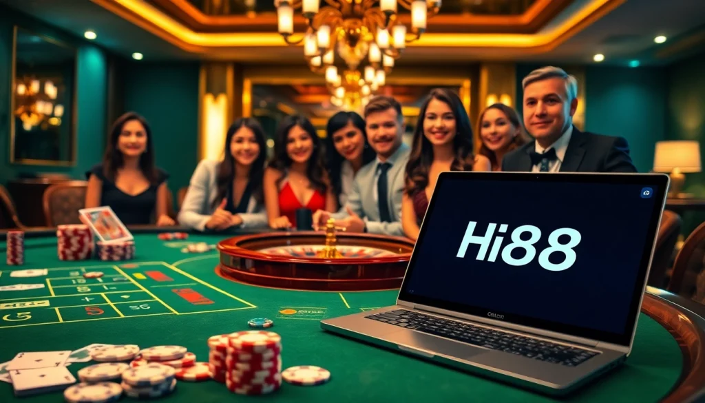 Hi88 online casino scene with poker chips and roulette wheel, showcasing an exciting gambling experience
