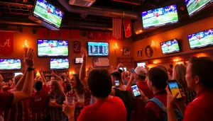 Engaging image of online sportsbooks Alabama showing fans in a thriving sports bar atmosphere.