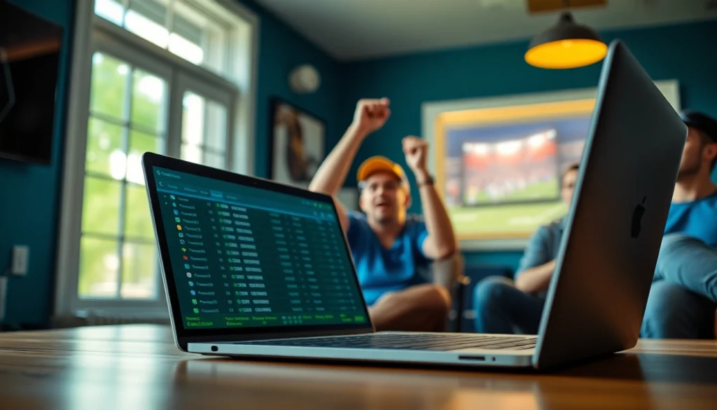 Engaging scene showcasing online sportsbooks Oklahoma, highlighting a sports fan using a laptop for betting.
